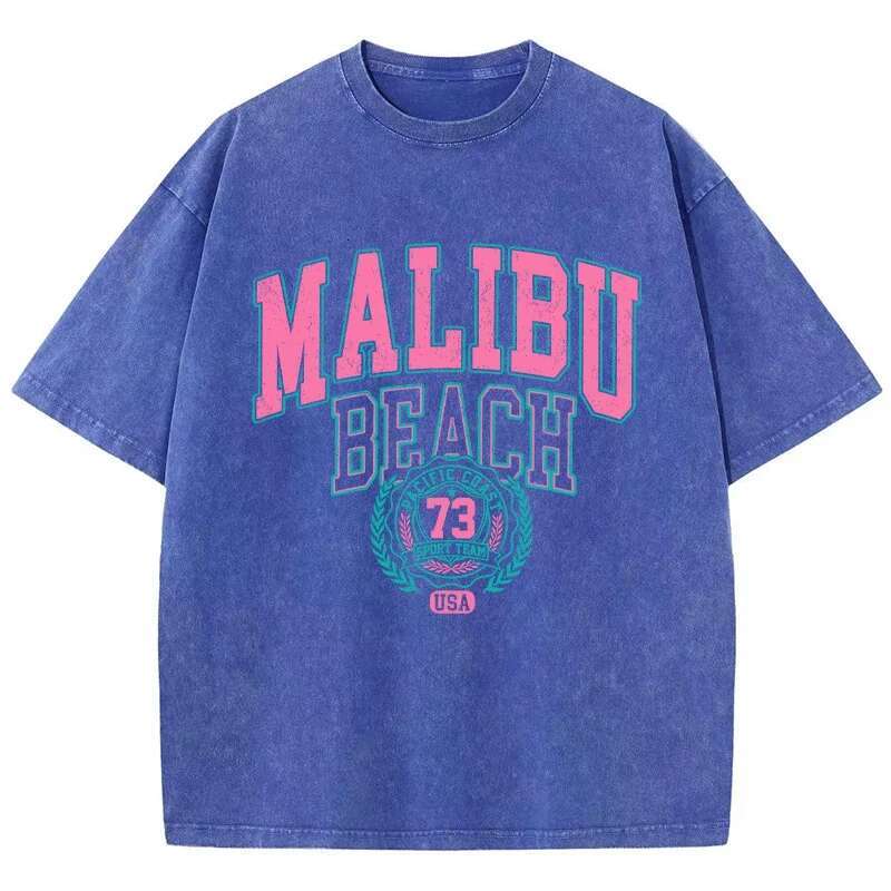 Malibu Beach Washed Designer T Shirt Women's Fashionable Letter Printed Cotton T-shirts Comfortable Round Neck Top Casual Oversized Tshirt Women&