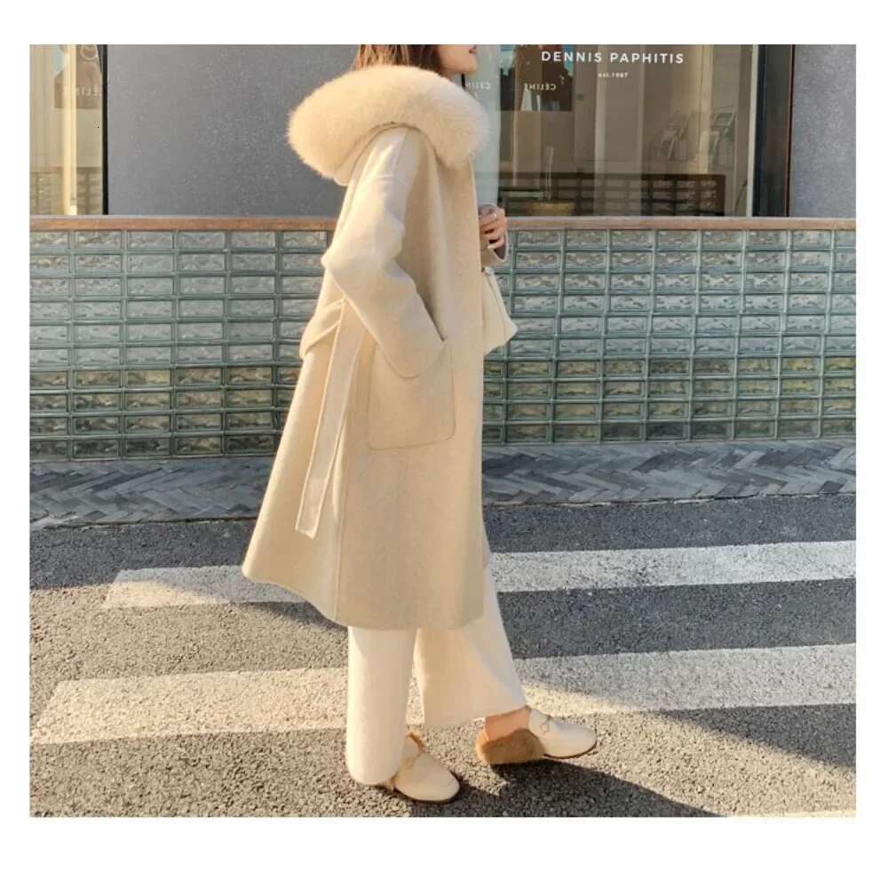 Real Outerwear Wool Blends Coat Natural Fox Fur Collar Hooded Cashmere Winter Jacket for Women Streetwear High Street