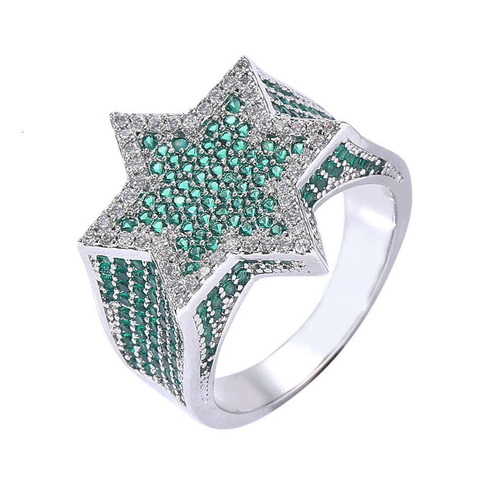 Green Five pointed Star Hexagonal Ring Moissanite Personalized Men's Hip Hop Accessories