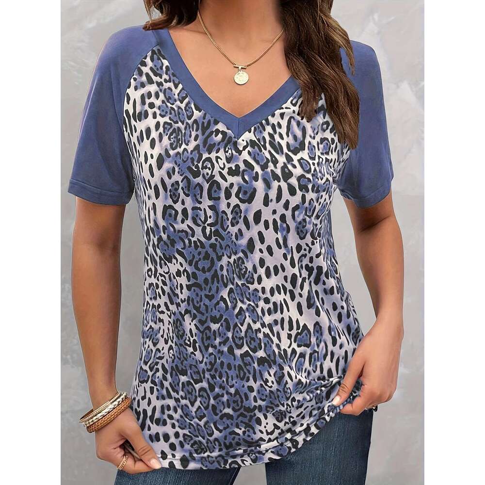 2024 Summer Europe And The United States Plus Size Women's Leopard Print Casual V-Neck Short Sleeve Pullover Top T-Shirt