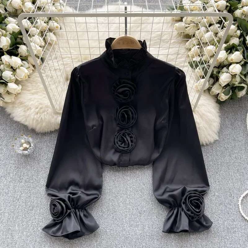 Half High Neck Stereo wer Design Sense Women Clothing Shirts Light Vintage Puff Sleeve Blouses Single-breasted Blusas