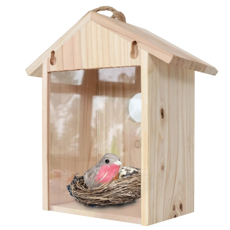 Blue Birds House Wood Window Birdhouse Weatherproof Bird Nest ed with Perch Transparent Rear for Easy Watch 250206
