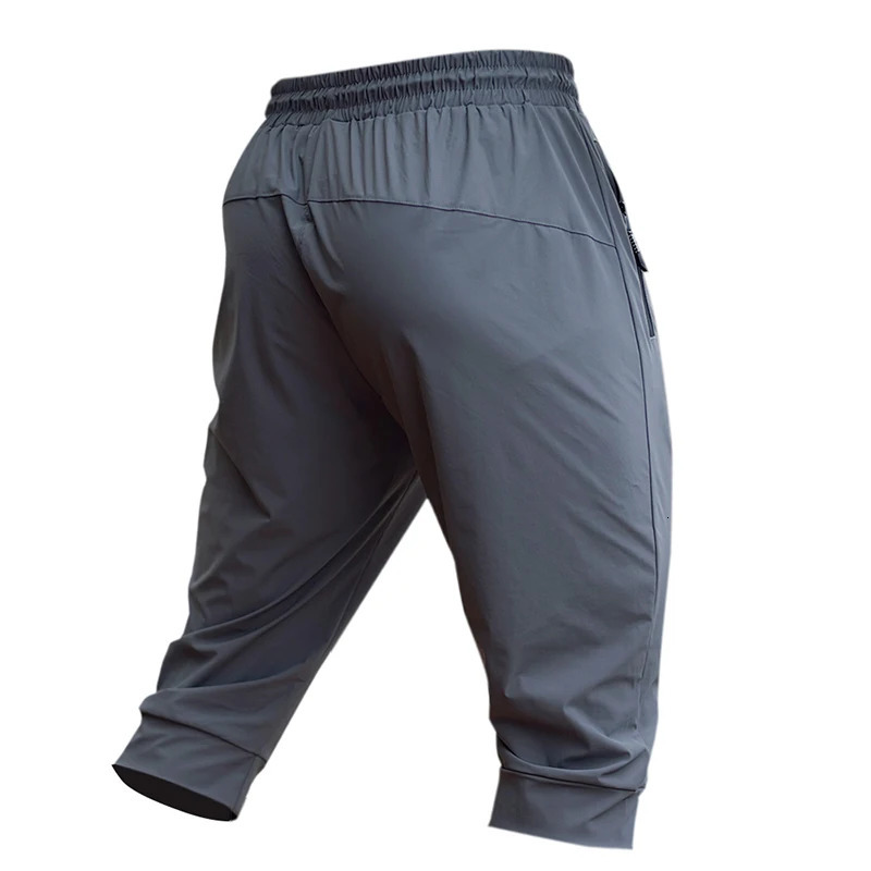 Men Running Cropped Pants Ice silk Summer Ice silk Quick Dry Training Fitness Zip Pocket Joggings Pant Male Gym 3/4 Sweatpants 250217