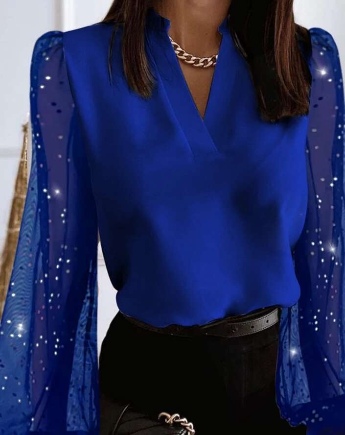 Women's Blouse Tops Elegant Daily Solid Color V-Neck Rhie Decoration Sheer Mesh Splicing Lantern Long Sleeve Shirt Top