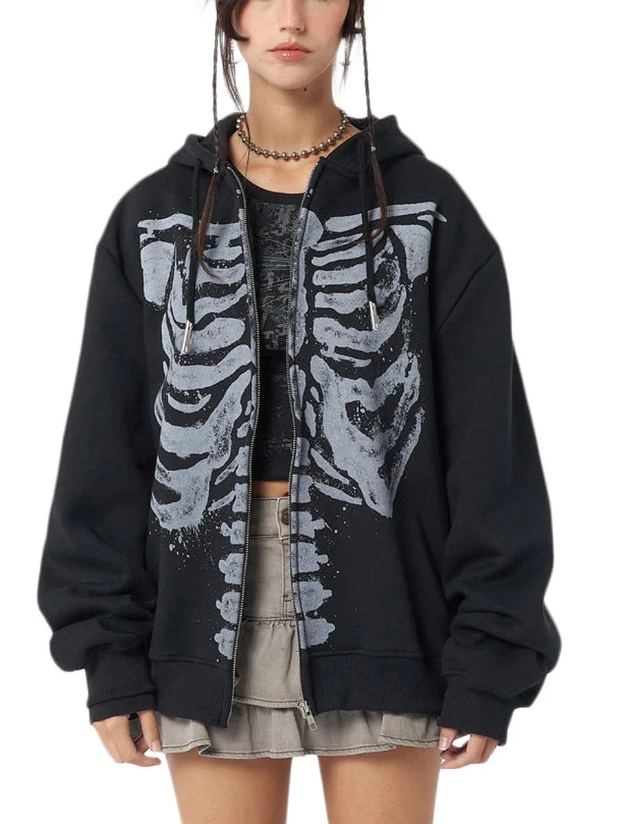 Halloween Women Spring Autumn Casual Hooded Coat Long Sleeve Skull Print Zipper Hoodie Grunge Top Gothic Sweatshirt 250213