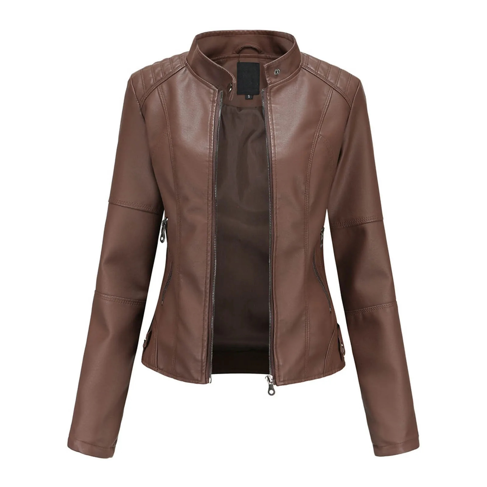 Womens Solid Color Pu Leather Jackets Slim Fit Zipper Bomber Coat Turtleneck Motorcycle 250211