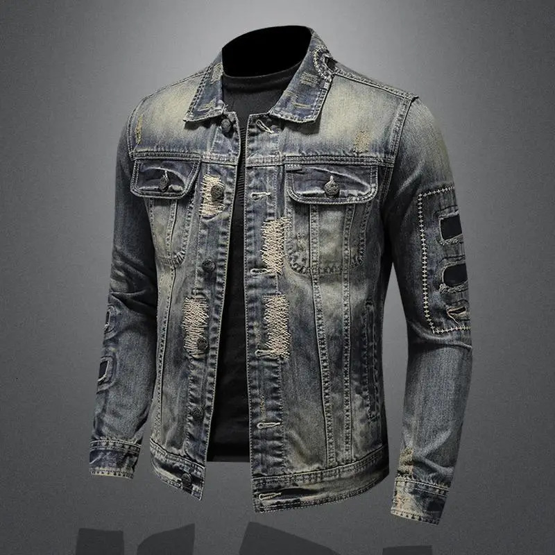 mens denim jacket retro trend loose casual handsome streetwear high street fashion hole Slim lapel w250210