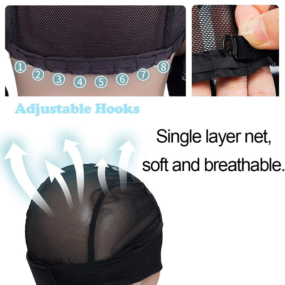 2 Pcs Headband Wig Caps Adjustable Mesh Wig Grip Cap Ice Silk Material for Making Headband Wigs with Adjustable Hook 6pcs Clips 250214