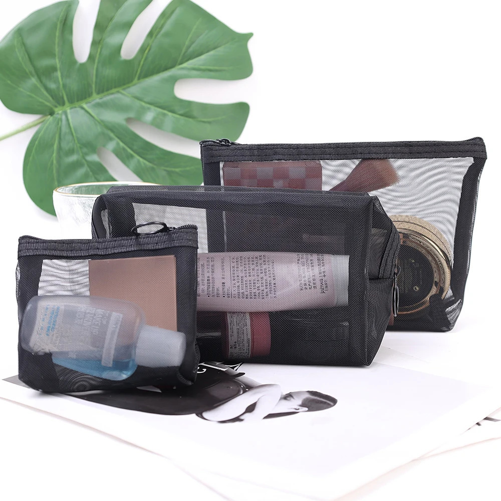 Portable mesh transparent makeup bag box womens travel zipper organizer 250213