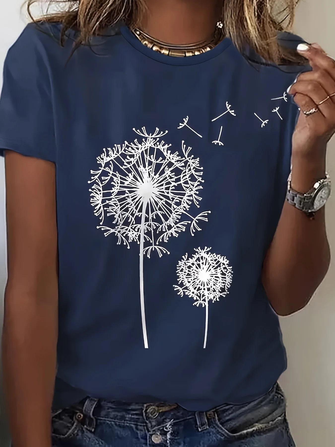 Dandelion Print Crew Neck T-Shirt Casual Short Sleeve Top For Spring Summer Womens Clothing 250217