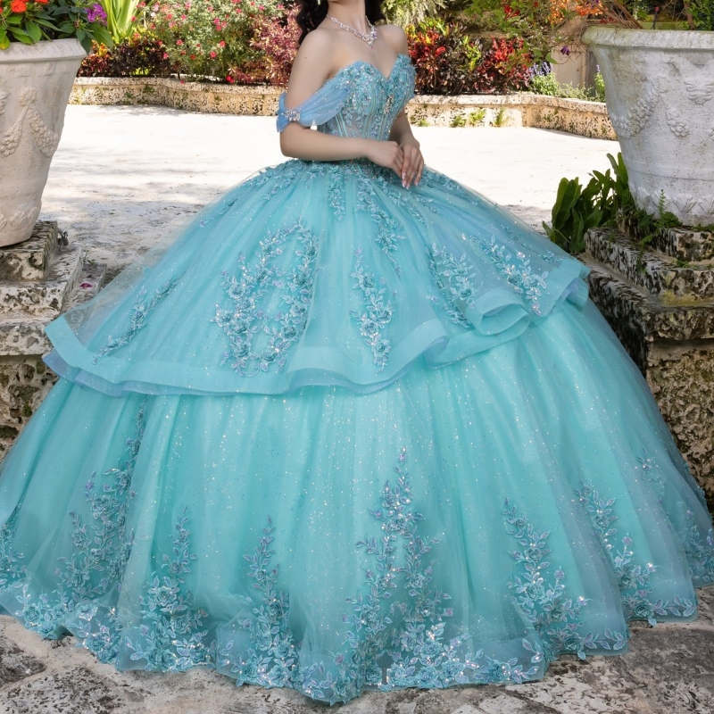 Water Blue Shiny Quinceanera Dresses Ball Gown Off Shoulder Appliques Lace Beading Crystal Tull Sweet 16 Dress Vestidos 15 De anos