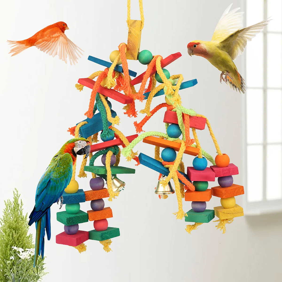 Safe Parrot Chew Toy with Hook Colorful Wooden Beads Ropes Natural Blocks Tearing Toys for Small Medium Birds Mini Macaw 250206