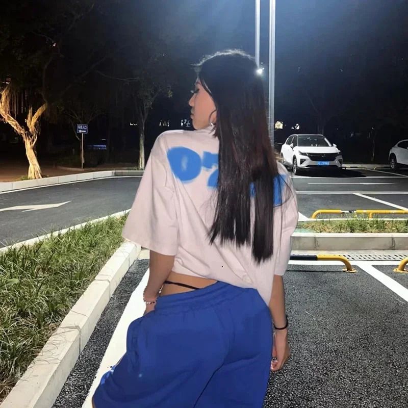 Summer Lace-up Y2K Loose Couples Shorts Klein Blue American Vintage Street Elastic Waist Knee Short Sweatpant Women Letter 250210