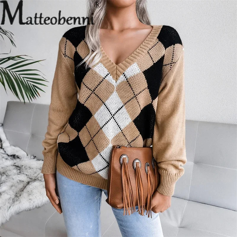 College Style Rhombus Sweater Women Elegant V Neck Pullover Jumpers Female Autumn Winter Casual Loose Knitwear Trend Streetwear 250211