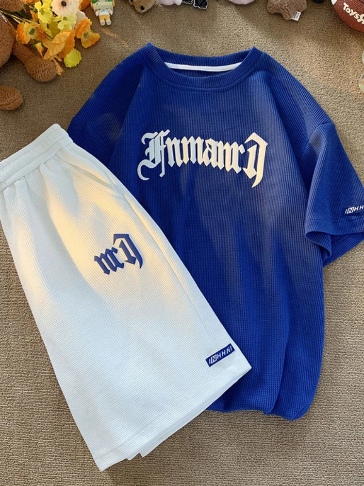 Gmiixder Hip Hop Waffle Casual Suit Men Loose Korean Short-sleeved Shirt Sports Shorts Summer Men Simple Letter Print 2pcs Set 250120