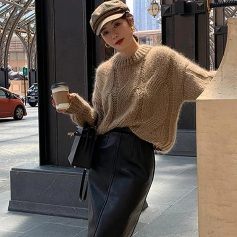 Lazy Wind Twist Sweater Women Autumn Winter Korean Loose Knitted Pullovers Woman Solid Color Long Sleeve Sweaters Female 250211