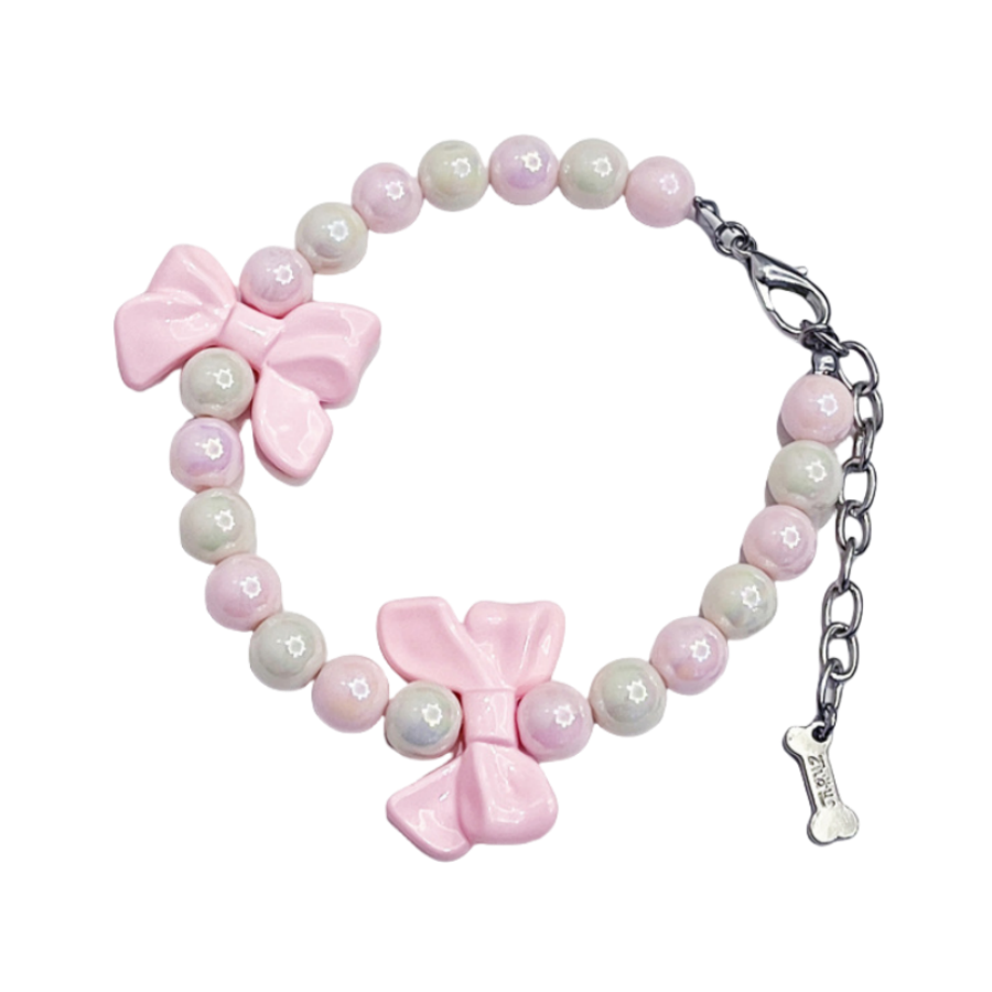 Cute Dog Collar with Pink White Bead Pink Bow Decoration, Pet Neck Decoration Necklace, Adjustable Jewelry Buckle Pet Collar for Small Medium Dog, Chi