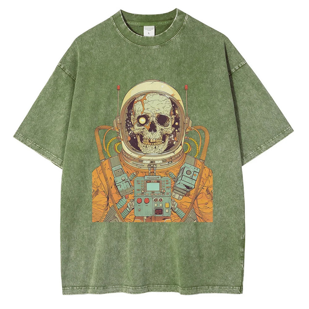 70s Astronaut Skull Graphic T-shirts Retro Sci-fi Painting Print Oversized T-shirt Distressed Cotton Mens Tops 250214