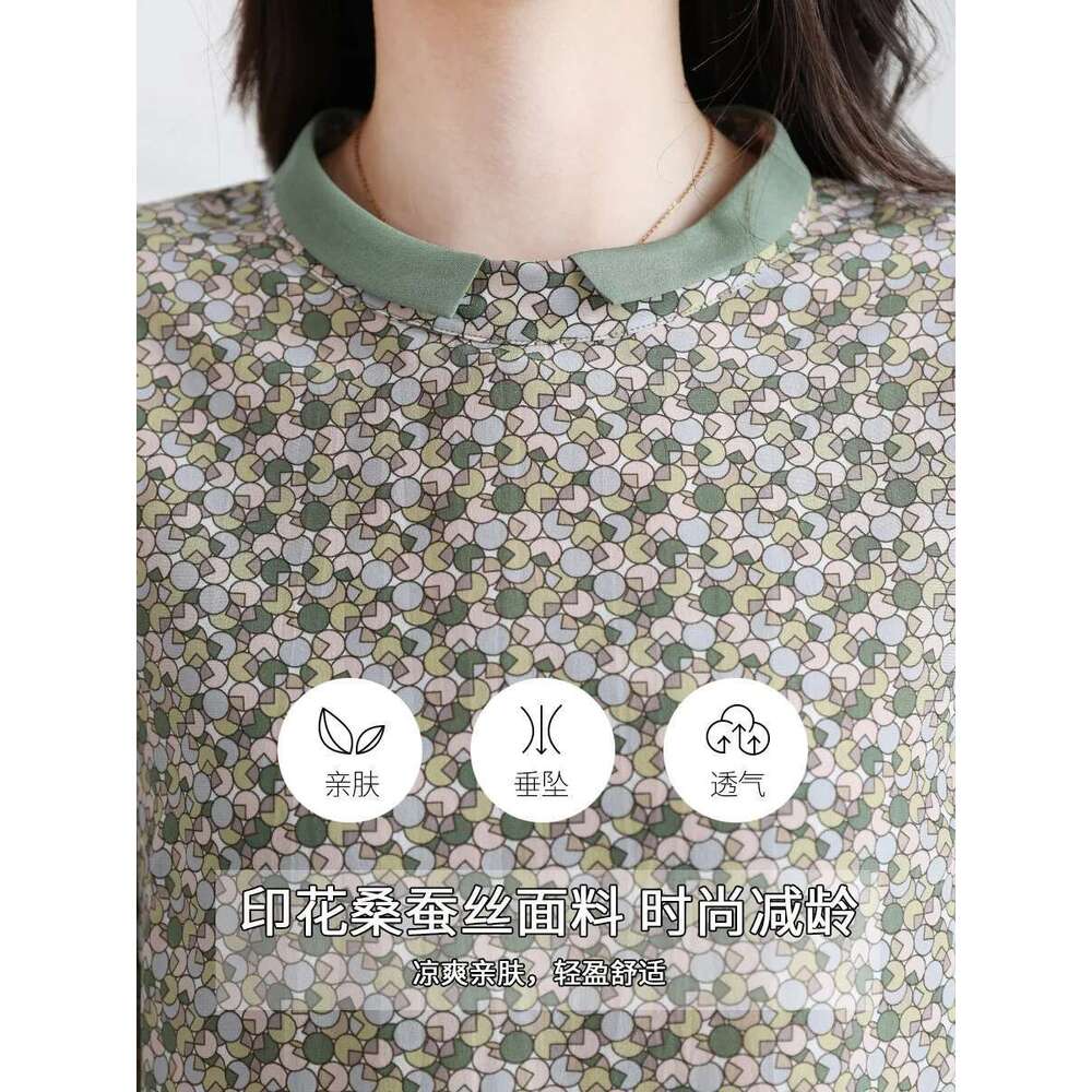 Women's top with half sleeves, fashionable mulberry silk design, waist cinching print, trendy small shirt, stylish summer