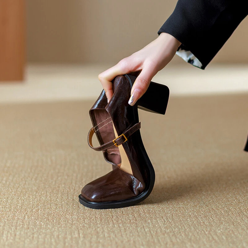 Vintage Square Toe Women Mary Jane Shoes Fashion Shallow Buckle 2025 Spring Autumn Dress Pumps Shoes 250122