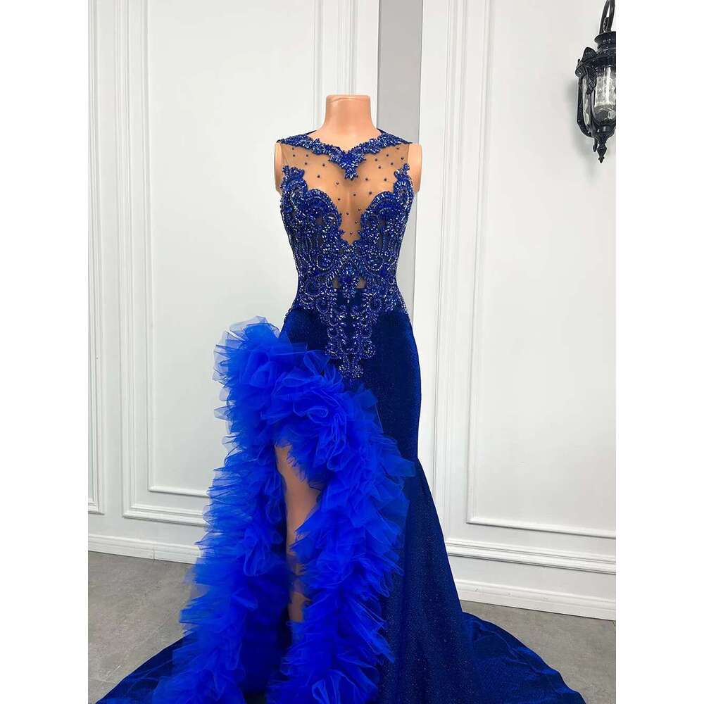 Blue Royal Prom Dress Black Girls Long Mermaid Ruffle Gown Beaded Lace High Slit