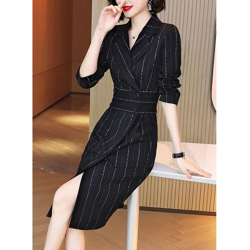Elegant Womens Stripe Midi Dress Spring Autumn Long Sleeve V-Neck Double-breasted Button Split Female Black Fashion Dresses 250213