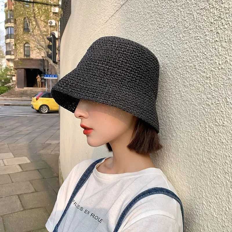 Beach Korean Straw Hat Summer Women Visor Bucket Hat Fisherman Hat Hand Weaving Panama Girl Fishing Chapeau Sun Hats for Women W250217