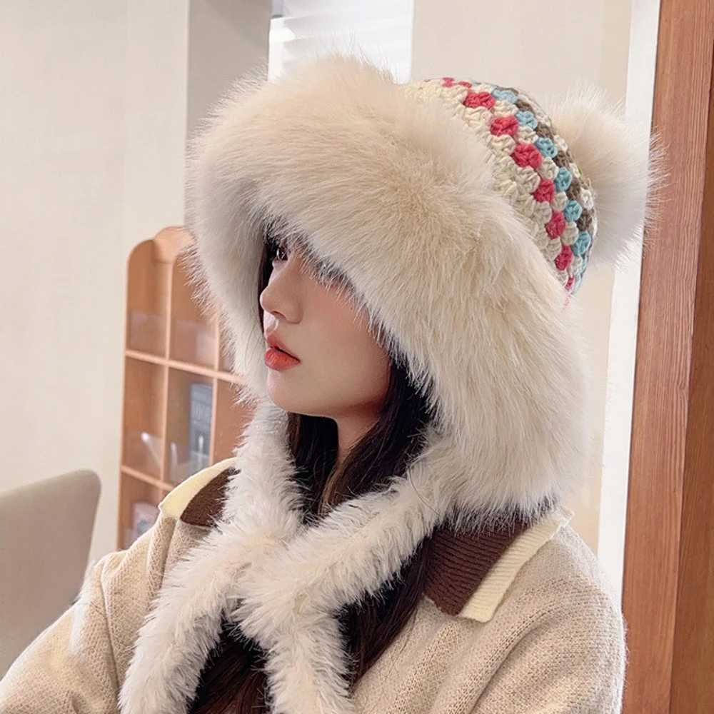 New Russian Hat Thick Warm Fluffy Fur Hat Womens Large Pom Beanie Womens Knitted Snow Ski Hat Ear Flaps Knitted Hat W250217