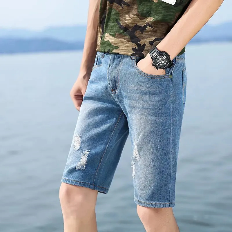 Summer Mens Personalized Washable Perforated Denim Short Pants Male Casual Straight Jeans 250217