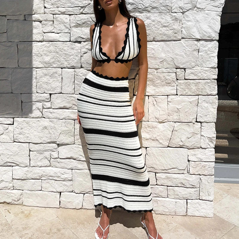 Woman Summer Striped TopsBottomSkirts Swimsuit Sexy Deep V Tops Beach Shorts High Waist Wrap Skirts Vacation Outfit 250213