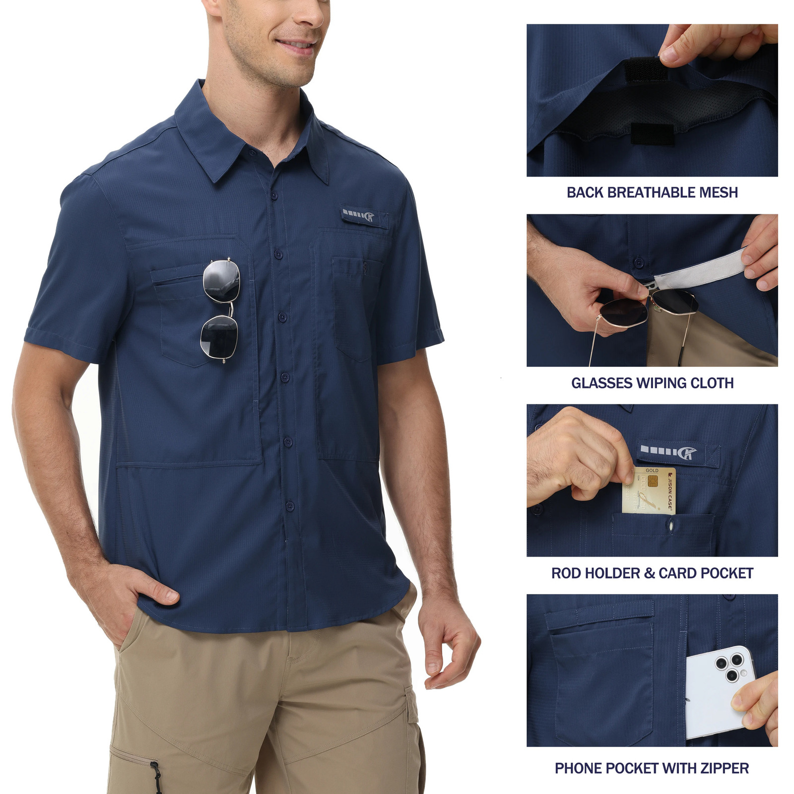 Mens Breathable Fishing Shirts UPF 50 Short Sleeve Casual Cargo Fishing Shirt Button Down Tactical Shirts Blouse for Outdoor 250214