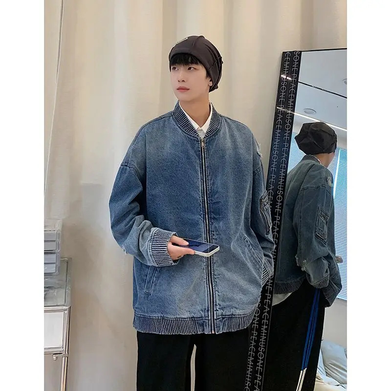 Mens Trendy American Vintage Streetwear Oversized Washed Denim Jacket Y2K Harajuku Korean Casual Long Sleeve Zipper Cowboy Coat 250210