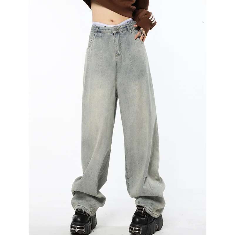 Blue Womens Jeans High Waist Vintage Straight Baggy Pants Streetwear American Style Fashion Female Wide Leg Denim Trouser