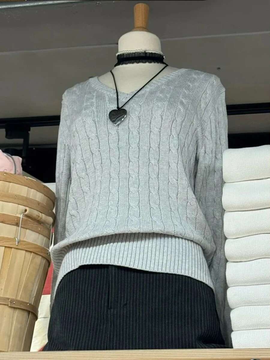 New Gray Twisted wer Sweater Women Autumn V-neck Cotton Knit Jumpers Top Sweet Preppy Style Solid Slim Sweaters Y2k Clothes