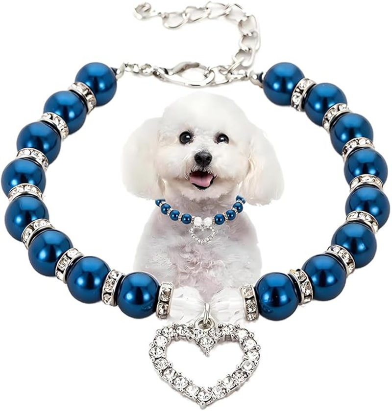 Blue Dog Pearl Necklace Collar with Crystal Rhinestone Heart Pendants,Fancy Cat Wedding Necklace Jewelry, Bling Pet Collar Birthday Gift for Small Med