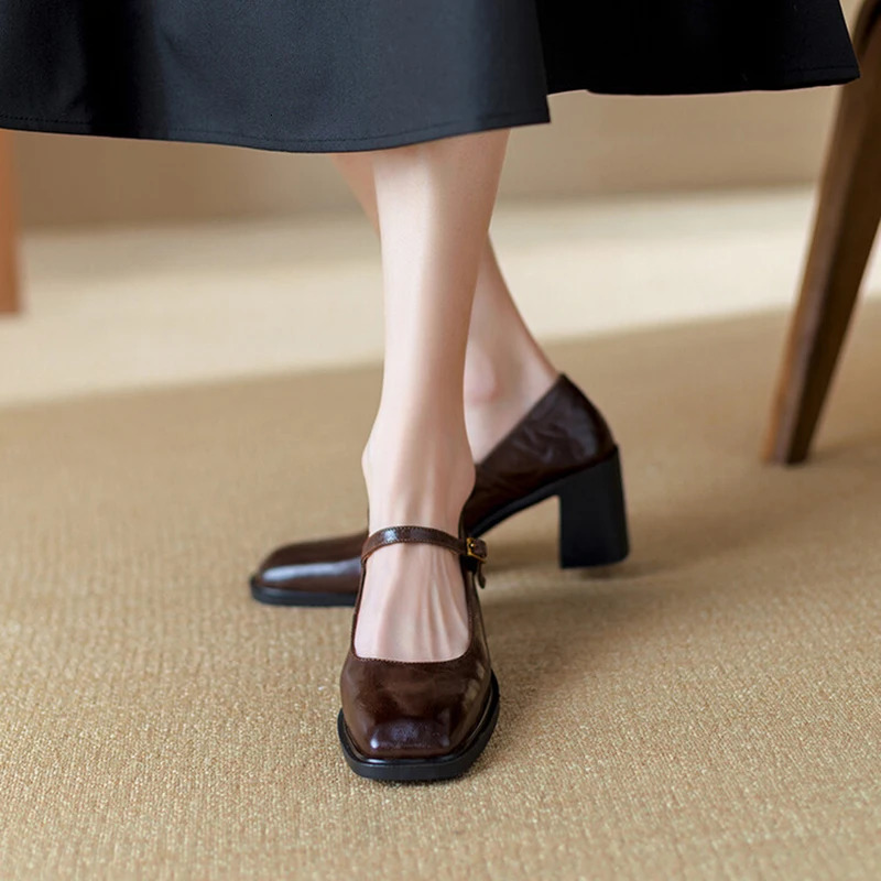 Vintage Square Toe Women Mary Jane Shoes Fashion Shallow Buckle 2025 Spring Autumn Dress Pumps Shoes 250122