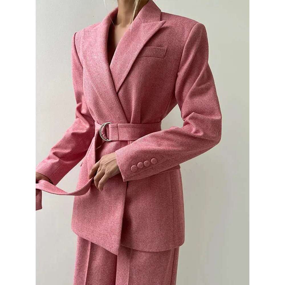 Elegant Solid Blazer Coats Pants 3 Pieces Sets Women Long Sleeve Belt Coat Fishbone Top High Waist Wide Trousers Lady Suits