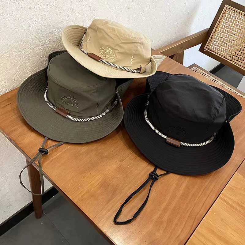 Summer Cowboy Fisherman Hat For Women Men Outdoor Fishing Hiking Cap Wide Brim Anti-UV Sun Hat with String W250217