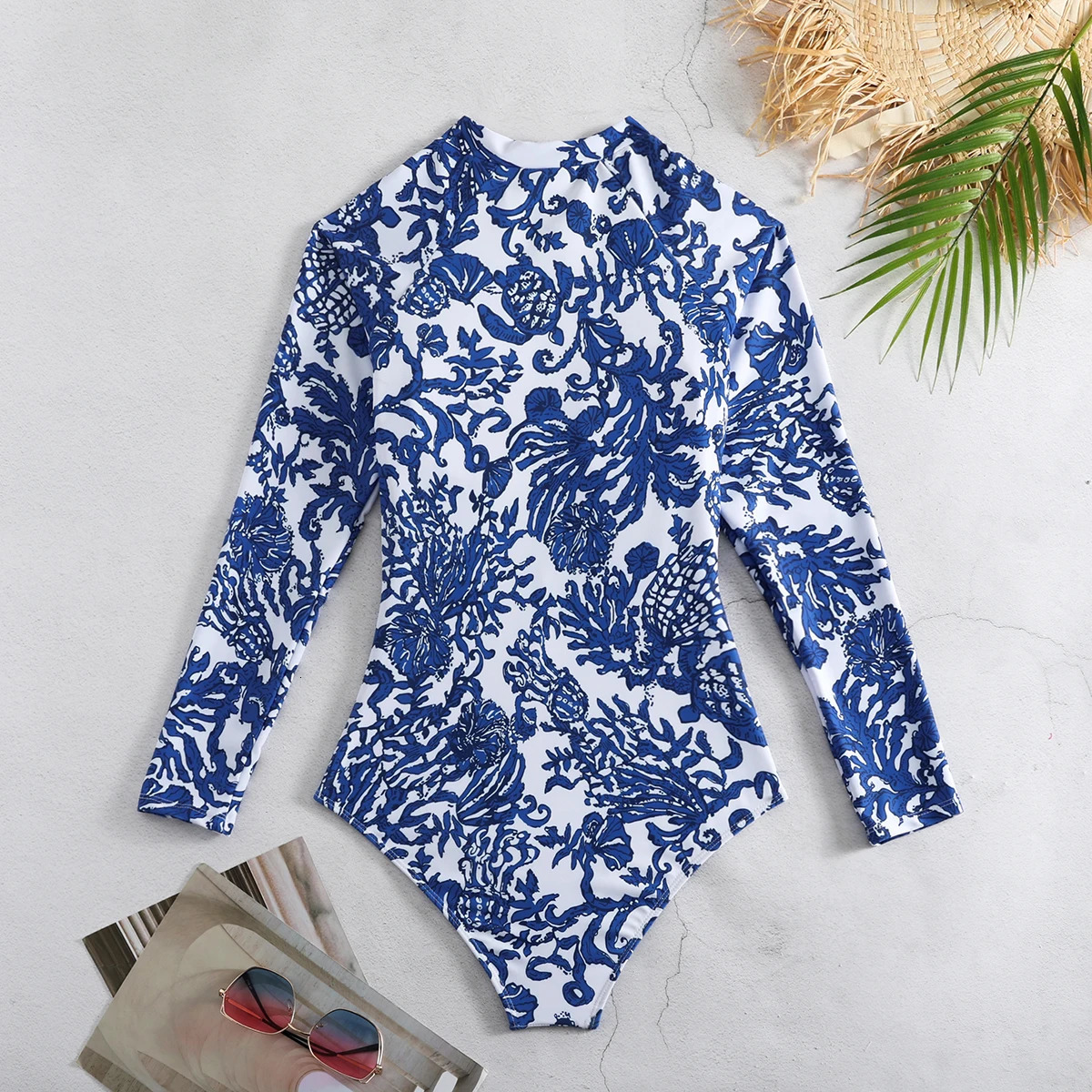 One Piece Swimsuit Long Sleeve Zip Front Blue White Surf and Sarong Swimwear Slimming Bathing Suit Beach Wear 250214