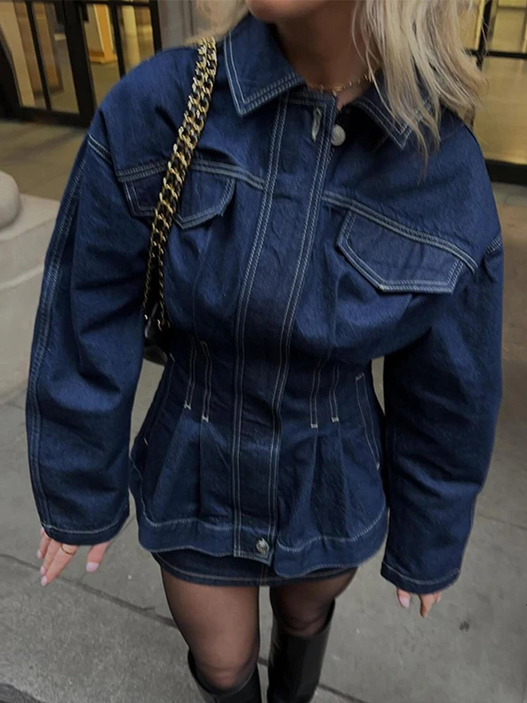 Casual Cinched Waist Denim Jacket For Women Blue Long Sleeve Lapel Pockets Coats Female 2025 Spring Lady High Street Outwears 250122