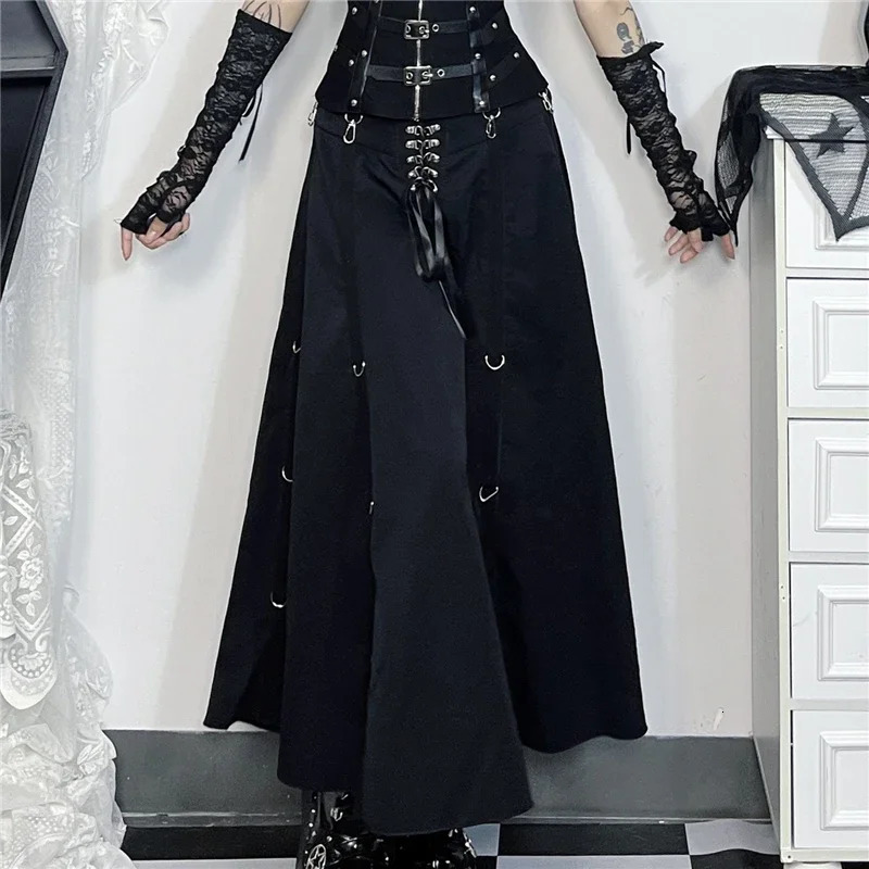 Goth Dark Acubi Fashion Black Swing Aline Skirt Punk Grunge Metal Buckle Streetwear Bandage Skirts Mall Gothic Alt Clother 250211