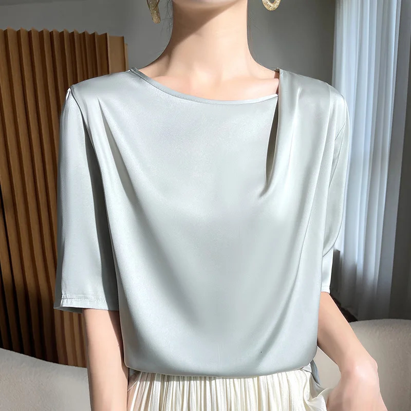 Spring Summer Female Silk T-shirts Half Sleeve Women O-Neck Solid Color Fashion Women Clothe Tees Casual Loose T Shirt Oversize 250217