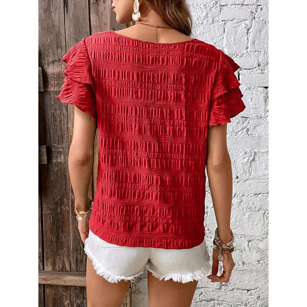 Summer Elegant Solid Shirt For Women Casual Office Lady Blouses Vintage Butterfly Sleeve O Neck Tops