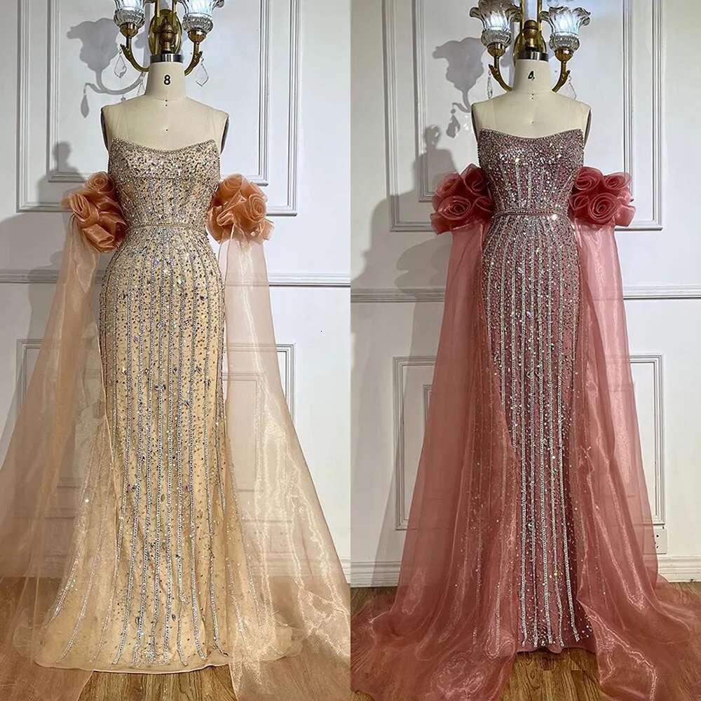 Peach Arabic Strapless Beaded Mermaid Evening Gown Vintage Half Puff Sleeve Dress Customize Party BLA