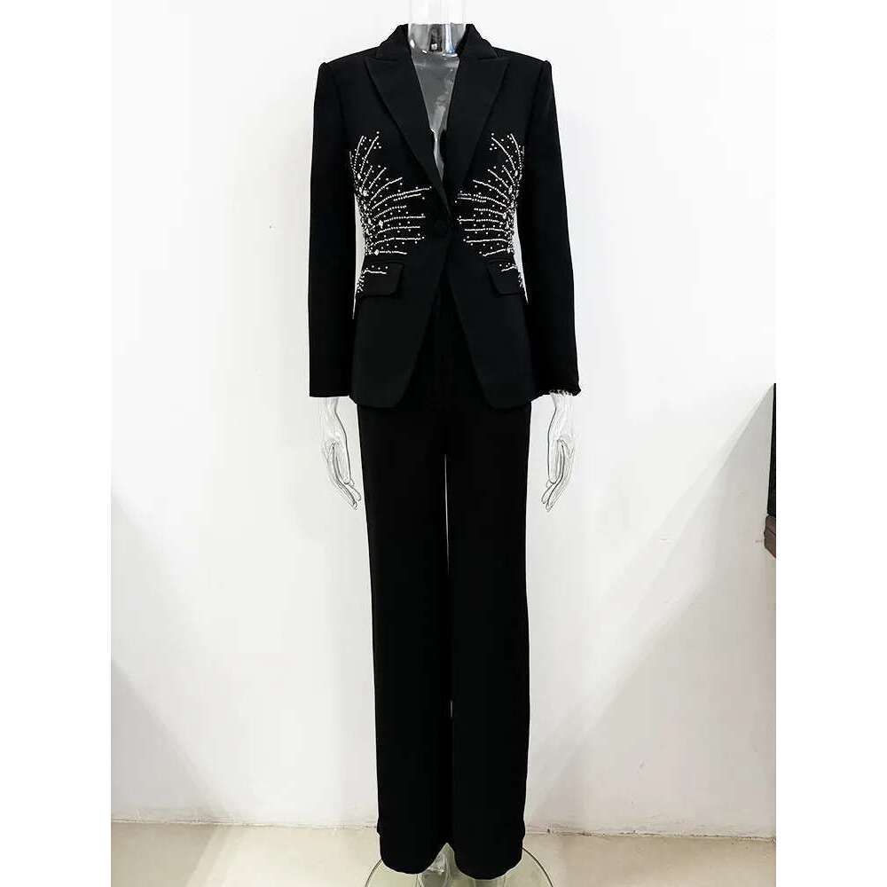 Elegant Women's 2 Pcs Set Lapel Single Button Embroidered Flares Blazer High Waist Solid Pants 2025 Spring New Tide