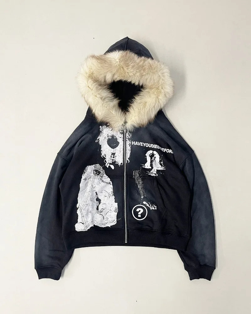 Street fashion winter personality print n zipper hoodie women Y2k Harajuku vintage fur collar warm loose jacket 250213
