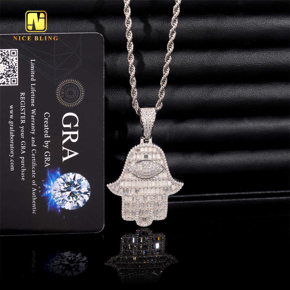 Hamsa Hand Pendant Custom Iced Out Cave Back Fine Hip Hop Jewelry Round Baguette 925 Silver VVS Moissanite Diamond Lucky Pendant