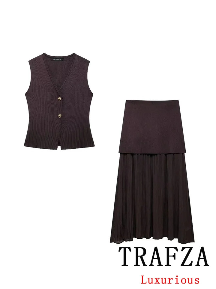TRAFZA Vintage Chic Women Knitted Suit VNeck Sleeveless Single Breasted Top Straight Long Spliced Skirt Fashion Spring 250214