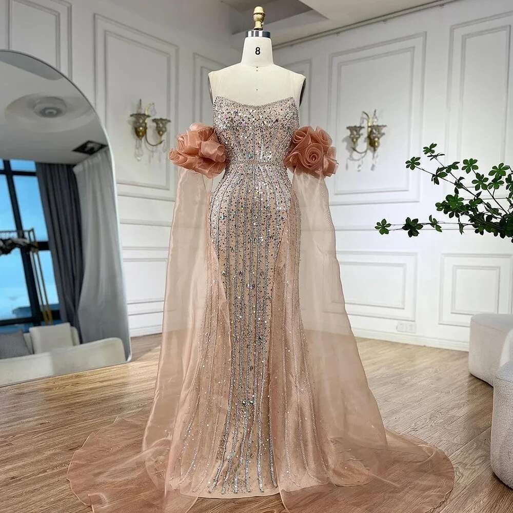 Peach Arabic Strapless Beaded Mermaid Evening Gown Vintage Half Puff Sleeve Dress Customize Party BLA