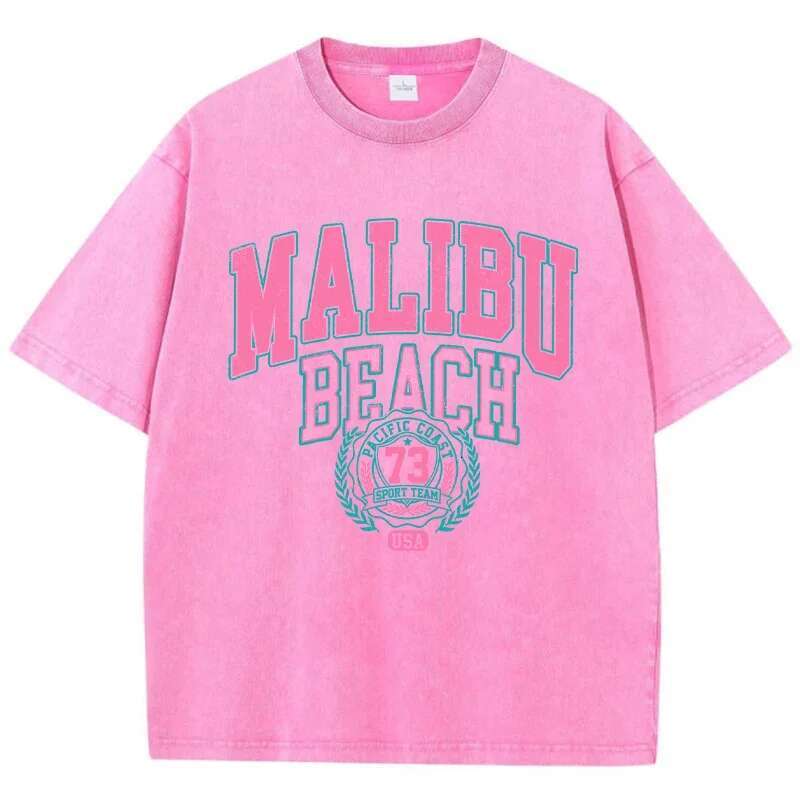 Malibu Beach Washed Designer T Shirt Women's Fashionable Letter Printed Cotton T-shirts Comfortable Round Neck Top Casual Oversized Tshirt Women&
